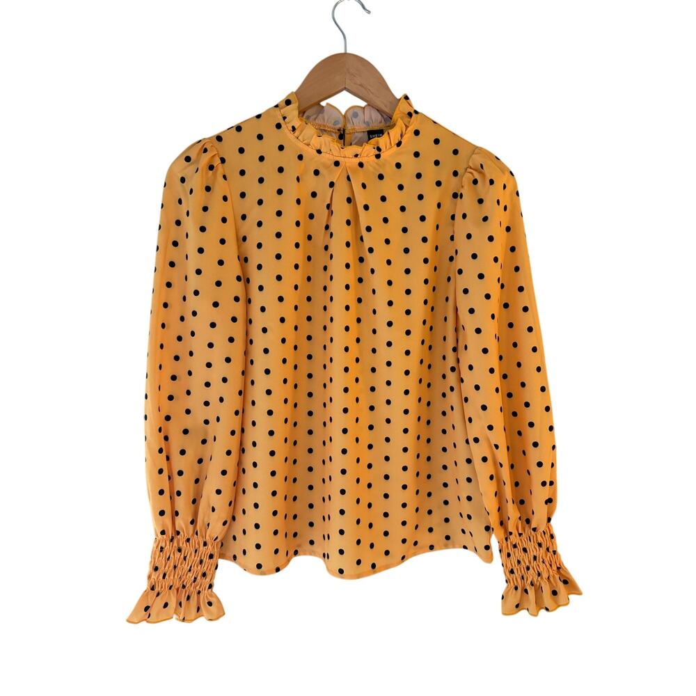 Yellow Black Polka Dot Blouse Small Ruffle Neck Smocked Cuffs